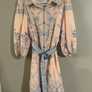 Chic Peach and Blue Patterned Long Sleeve Dress‎
